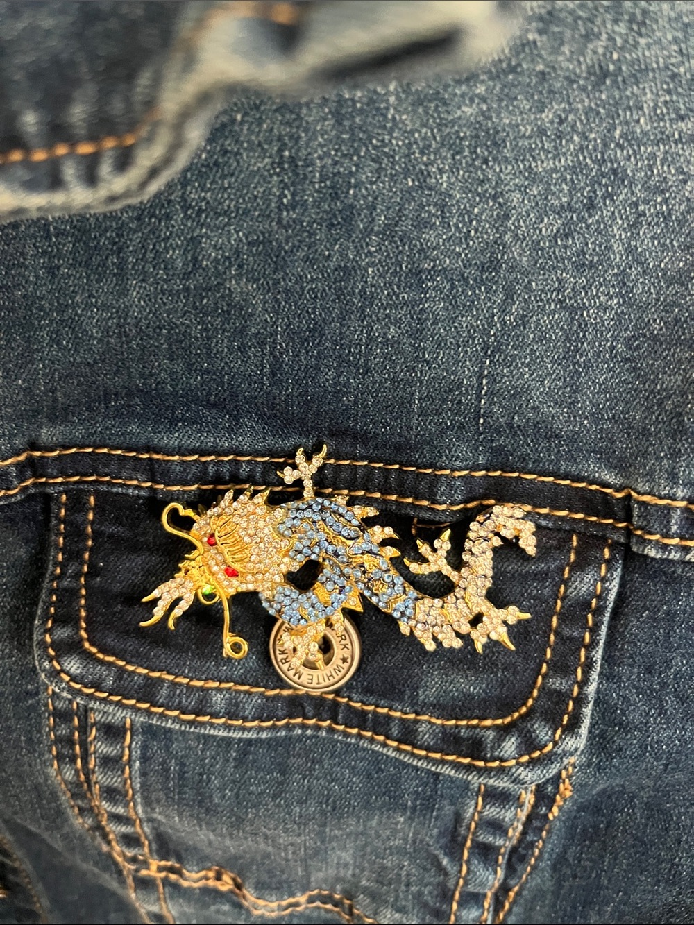 White Mark Dark Blue Denim Jean Jacket with dragon art - Picture 4 of 6